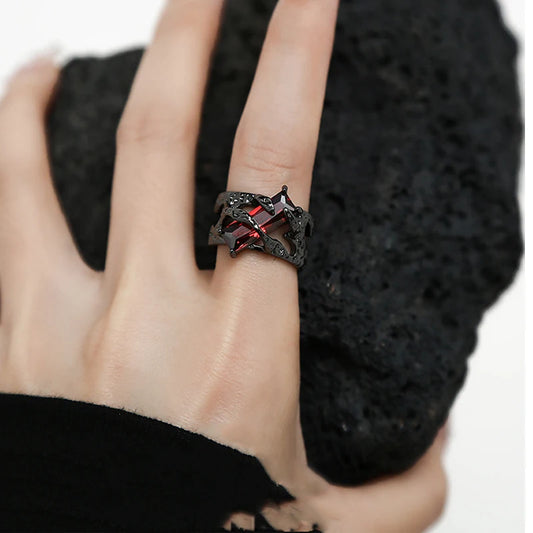 Black Thorns Vine Twine Red Rhinestones Ring