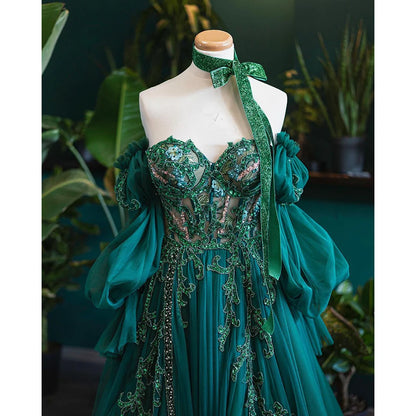 Dark Green Floral Fairy Long Bubble Sleeve Dress