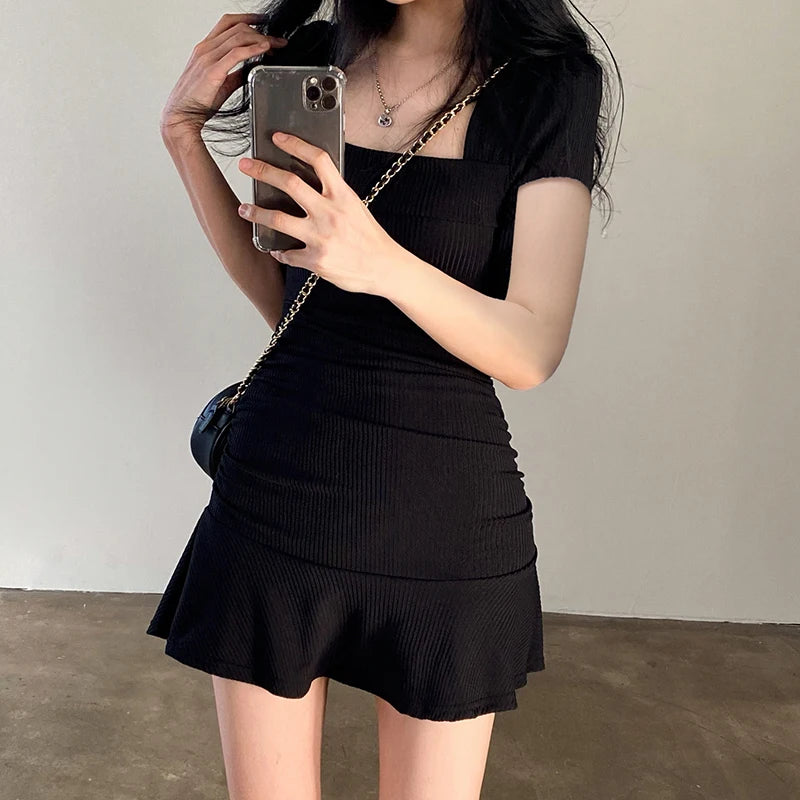 Black Square Collar Short Sleeve Mini Dress