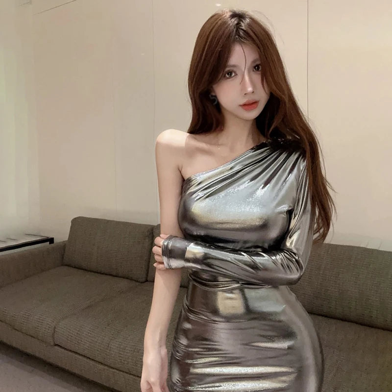 Slim Fit Metal Glossy Diagonal Collar Party dress