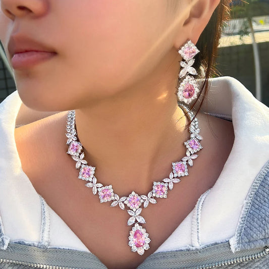 Pink Cubic Zirconia Wedding Bridal Necklace Earrings