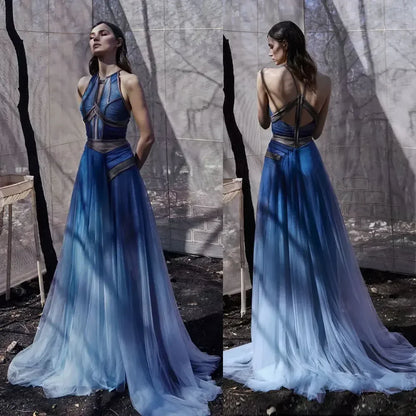 Dark Blue Backless Gradient Gowns