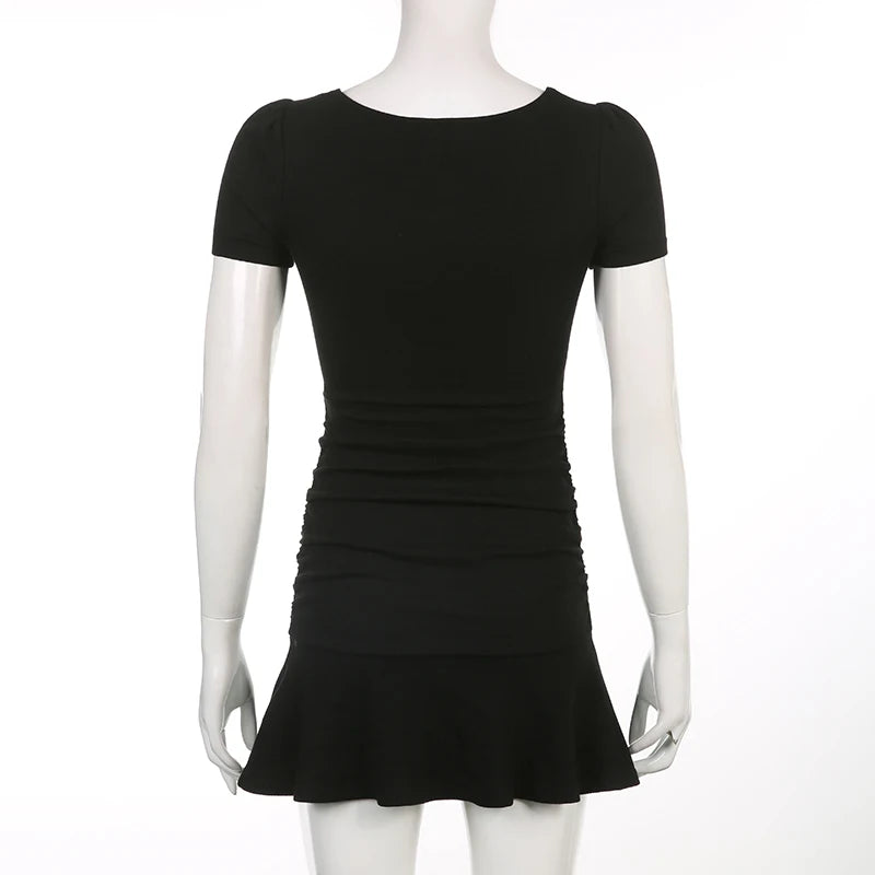 Black Square Collar Short Sleeve Mini Dress