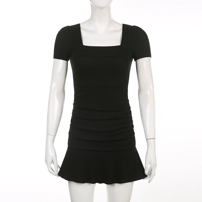 Black Square Collar Short Sleeve Mini Dress